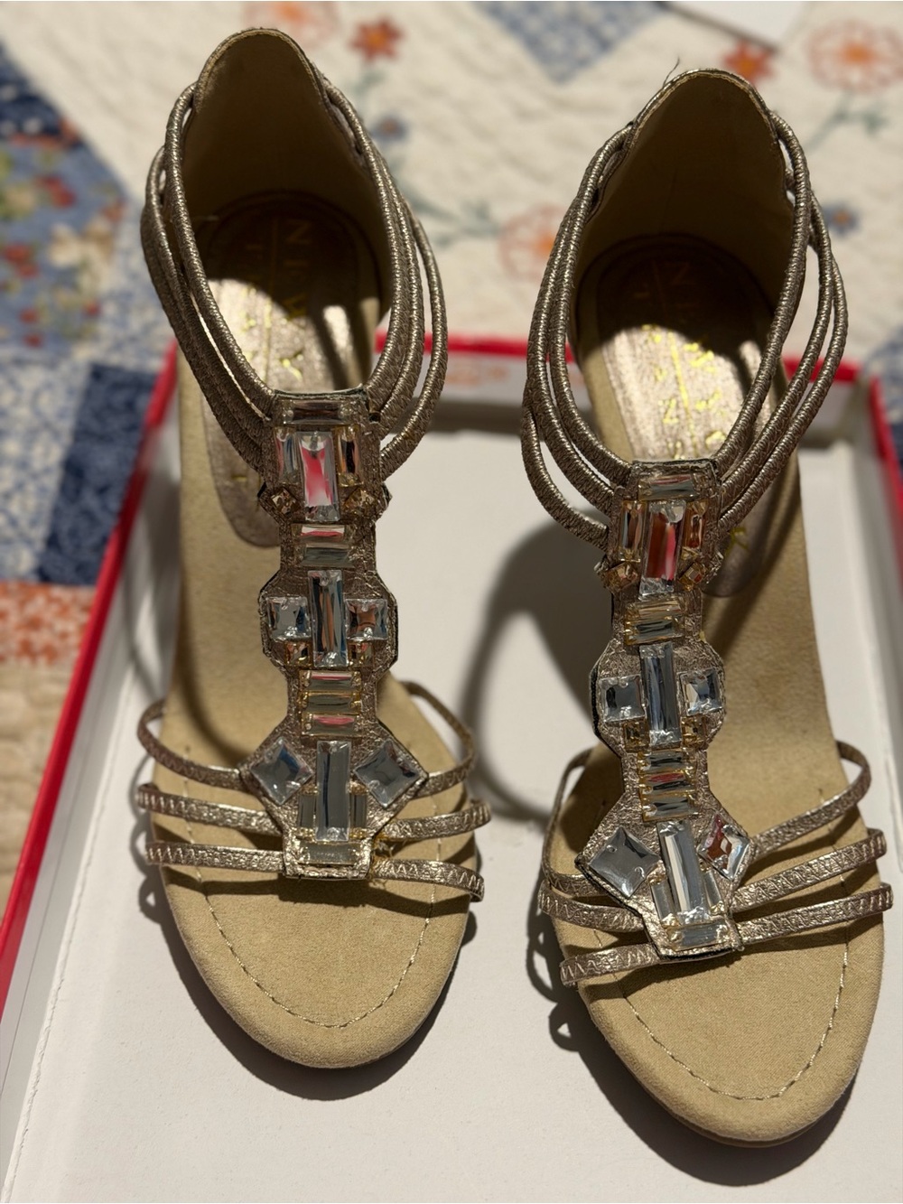 New York Transit Gold Jeweled Strappy Heels
